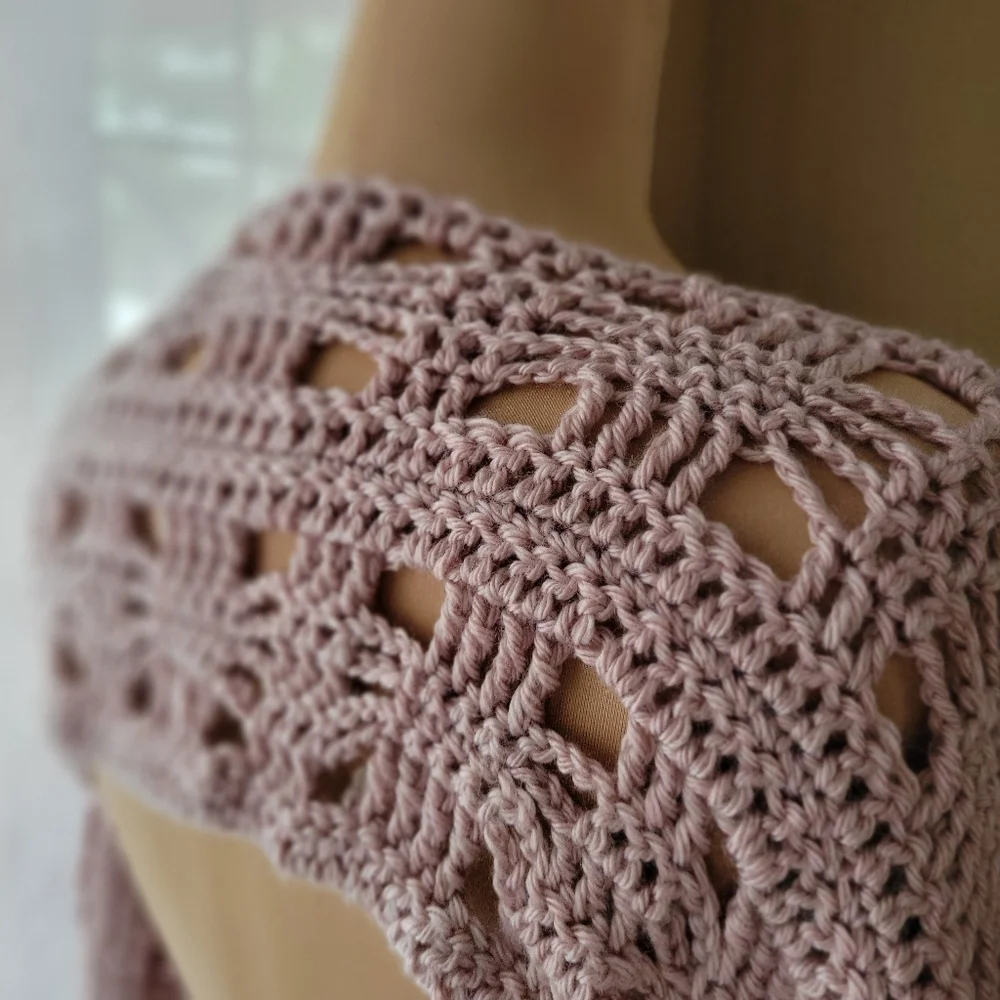 Fairycore Crochet Bell Sleeve Shrug Crop Top Arm Warmer - Mauve Pink - Picture 6 of 6